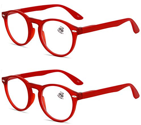 KOOSUFA Lesebrille Herren Damen Retro Runde Nerdbrille Lesehilfen Sehhilfe Federscharniere Vollrandbrille Anti Müdigkeit Brille mit Stärke 1.0 1.5 2.0 2.5 3.0 3.5 4.0 (2x Rot, 2.0)