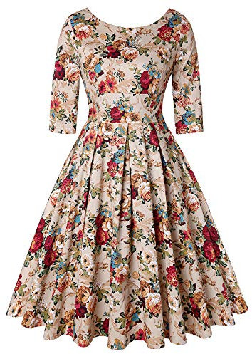 MINTLIMIT Women's 1950s Rockabilly Cocktail Party Dress Retro Vintage Swing Dress 3/4 Sleeve Round Neck (Floral Apricot,Size M)