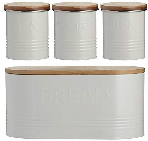 Typhoon Homewares Rippled Metal Tea Coffee Sugar Canister Set & Bread Bin Crock Set Cream