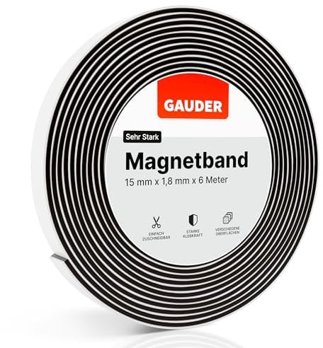 GAUDER Self-Adhesive Magnetic Tape Strong - Foam Adhesive Magnetic Strips for Uneven Surfaces - High Strength Magnet Roll with Enhanced Adhesion and Optimized Force (6 m x 15 mm)