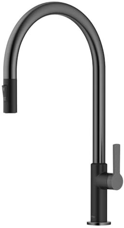 KRAUS Oletto KPF-2821MBSFSB - Grifo de cocina desplegable de arco alto con una sola manija en negro mate/acero inoxidable negro sin manchas