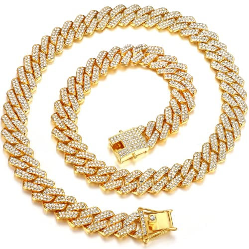 Krfy Iced Out Kette Gold Silber für Herren Kubanische Gliederkette Iced Out Chain für Männer Versilberte Halsketten Herren Kette Diamond Chain Bling Bling Hip Hop Schmuck