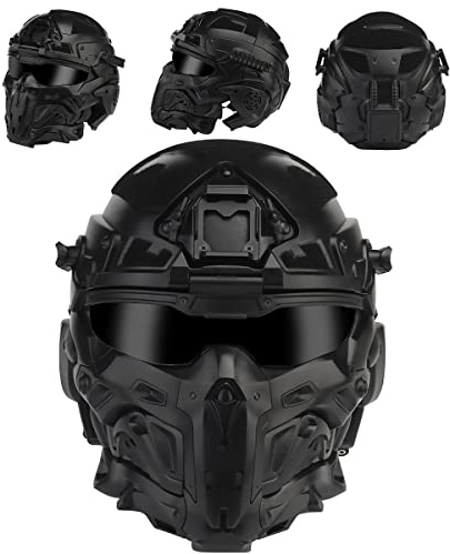WLXW Ronin Assault Helmet, Fast Airsoft Full Face Helmet, Built-In Tactical Headset Anti-Fog Fans Sunshade Sliding Goggles, for Military CS Paintball Shooting, Hunting, Outdoor Sports,Black