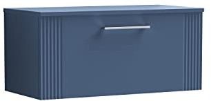 nuie DPF396W Deco Modern Bathroom Wall Hung 1 Drawer Part Fluted Vanity Basin Unit with Worktop, 800mm, Satin Blue