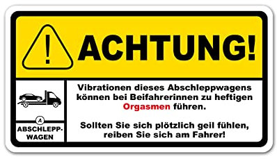 Finest Folia Fun Sticker Achtung Vibration 10x5,5cm Aufkleber für Fahrzeuge Kfz Zubehör lustiger Bike Trekker Spruch Warnung waschstraßenfest selbstklebend R193 (01 Abschleppwagen)
