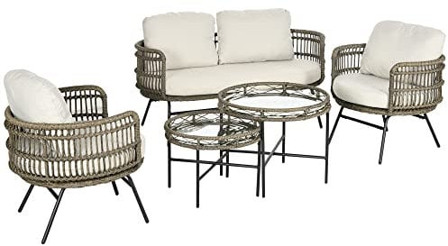 Outsunny Gartenmöbel-Set, 5 TLG. Rattan Sitzgarnitur mit Kissen, Sitzgruppe mit 2 Sesseln, 2 Couchtischen, 1 Doppelsofa, Balkonmöbel im Boho-Stil, für 4 Personen, Alu, Braun