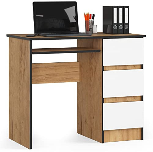 AKORD Bureau Ordinateur A-6 avec Tablette Clavier | L90 x H77 x P50 cm 30 kg | 3 Tiroirs | Petit Bureau de Chambre PC Desk Table | Chêne Artisanal/Blanc