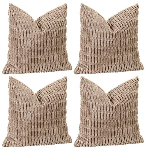 Sungeek 4er Set Kordsamt Kissenbezüge, Dekorativ Zierkissenbezüge Weich Kissenbezug Dekokissen Sofakissen Couchkissen Deko Bezug Kissenhülle für Sofa Schlafzimmer Wohnzimmer (Khaki, 45x45 cm)