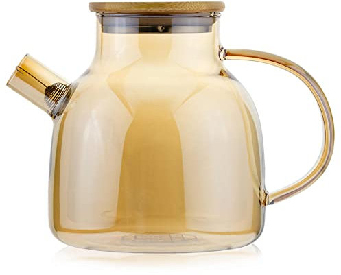 Scandi Home Glass Teapot 1.2L for 6 Cups with Removable Stainless Steel Filter & Bamboo Lid Heat Resistant & Dishwasher Safe, Strainer for Loose Tea & Fruit (Gold)