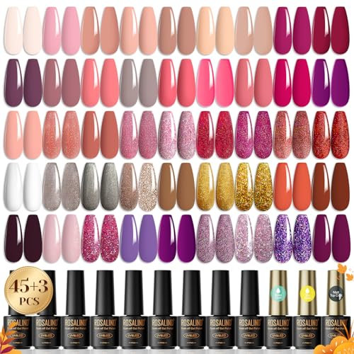 ROSALIND UV Nagellack Set, 48 Stück Gel Nagellack mit Unterlack,Glänzender & Matte Überlack, Diamant & FluoreszenzÜberlack,Gellack Shellac Nagellack UV Gel Set für Nagel Design