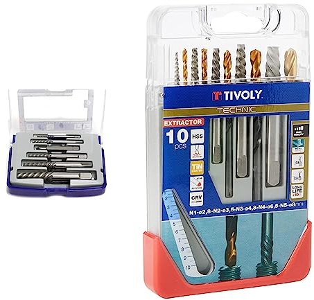 Tivoly 11111070001 Extracteurs de goujons/vis endommagées, Gris, Lot de 6 Pièces & 11901170052 Coffret Clipster Forets avec Extracteur pour extraire les goujons/vis cassées, Gris, Set de 10 Pièces