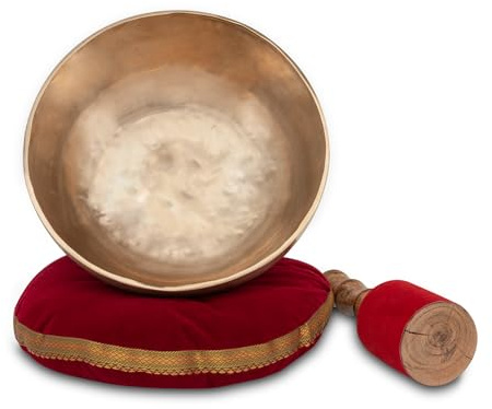 XDrum Therapeutic Klangschale Ton F / 1400 g Komplett Set, Farbe: gold | Handgehämmerte Klangschale für Herzchakra (Anahata), Gestimmt auf Ton F, Legierung aus 7 verschiedenen Metallen, Schlägel