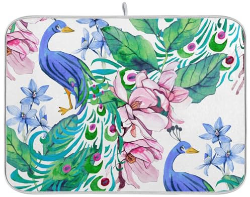Abtropfmatte mit Pfau im tropischen Garten für Küche, Theke, saugfähig, Mikrofaser, Abtropfmatte, mittelgroß, 40 x 46 cm