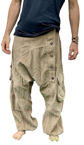 Unisex Cord Haremshose - 100% Baumwolle, Pumphose für Männer & Frauen Pluderhose Aladinhose Goa-Hose(L/XL, Beige)