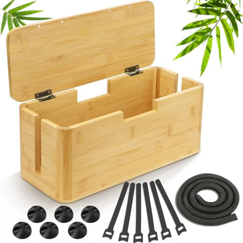 Otauoaea Caja Organizadora Cables, Caja Cables de Bambú Sostenible - Caja Cables Organizador - Caja para Cables - Caja Guarda Cables para Esconder y Ocultar Cables TV - Apto para Hogar y Oficina