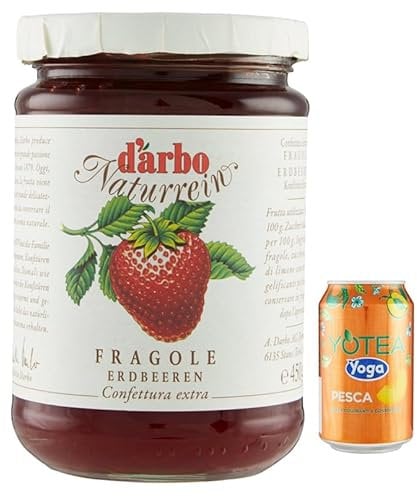Rummo 12er-Pack Darbo Marmelade Confettura Naturrein Fragole,Erdbeerkonfitüre,450g Glas + 1er-Pack Kostenlos Yoga Eistee Pfirsich 330ml Dose