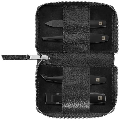 ZWILLING Manicure Set (4 Pieces, Genuine Leather Case, Press Stud Closure, Travel Set, with Nail Clippers and Cuticle Cutter), Premium, Black Edition