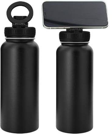 FIENZA Botella de agua de acero inoxidable aislada, 1 L, a prueba de fugas, termo para iPhone con soporte magnético para teléfono móvil, sin BPA, botella termo para gimnasio y viajes, GFBUJGF36