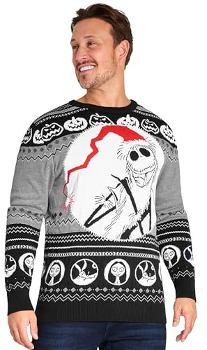 Disney Mens Christmas Jumper Crew Neck with Long Sleeves, Warm Cosy Xmas Jumper - Gifts for Men (Black/Multi Jack, XL)