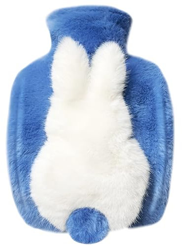 Plush Hot Water Bottle PVC Cute Plush Hot Water Bag for Hot and Cold Compress with Pockets on Both Sides 1000ML Capacity Christmas New Year Valentine's Day Birthday Gift 3D Rabbit (Blue-White)