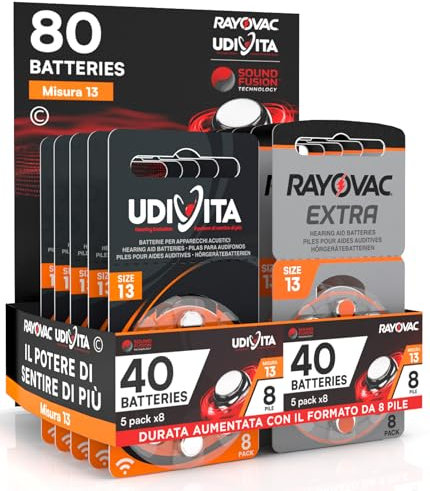 80 Hörgerätebatterien Größe 13 (PR48 - Orange) Zink-Luft mit Sound Fusion Technologie – 80 Batterien: 40 Udivita + 40 Rayovac