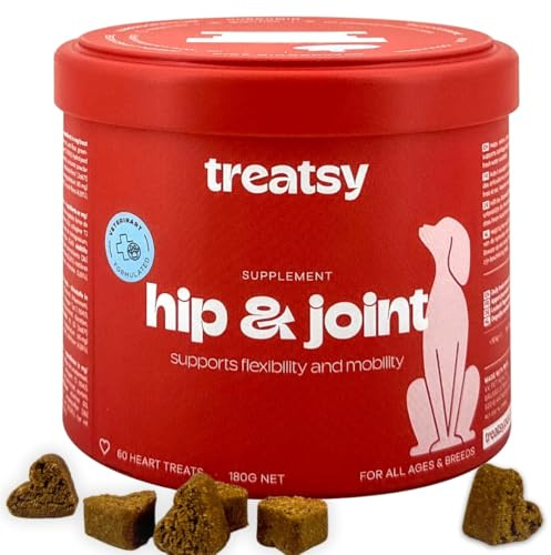 Treatsy Futterergänzungsmittel Hund Beweglichkeit der Gelenke - Kollagen Typ 1 & 2, Glucosamin, Grünschalmuschel, MSM, Chondroitin, Harpagophytum - Von Tierärzten empfohlen - 60 Hähnchen-Leckerlis