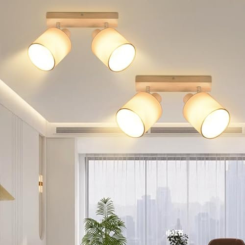 Feuerblitz Deckenleuchte Holz Deckenstrahler Flur - 2 Stück Deckenspots 2 Flammig Vintage Deckenlampe Schwenkbar 350° E14 Wandstrahler Lampe für Wohnzimmer Schlafzimmer Küche MAX.25W Ohne Leuchtmittel