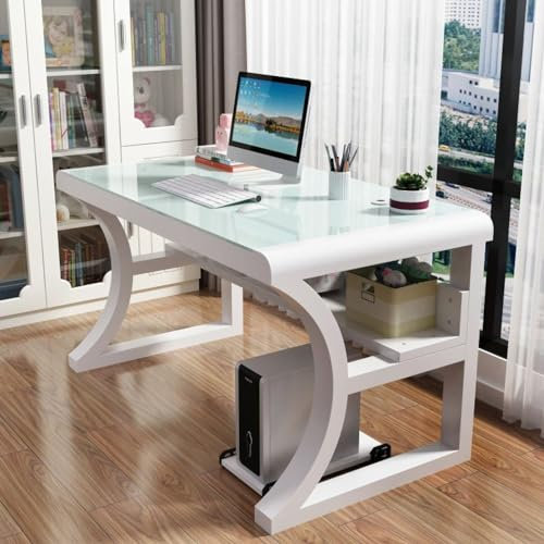 WLCNYL Computertisch aus gehärtetem Glas, moderner, einfacher Computertisch mit Ablagefächern, großer Gaming-Schreibtisch-Arbeitsplatz für das Home-Office (120 x 60 x 75 cm, weiß)