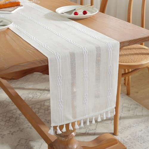 EOAMGO Tischläufer, 160x32 cm Landhausstil Quasten Baumwolle und Hanf Tischläufer, Tischläufer Modern Tischdecke Abwaschbar für Hochzeitsdeko, Tischdeko, Boho Deko, Parties, Weihnachten (Beige)