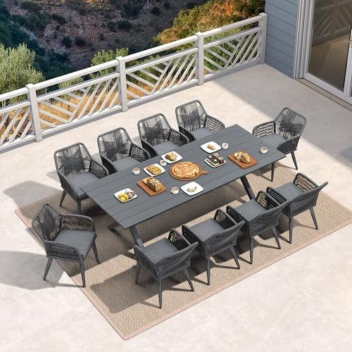 PURPLE LEAF Rivera Gartenmöbel Set 11-TLG PE Rattan Gartenmöbel Sitzgruppe Set 10 Stühle mit Tisch, Terrassenmöbel Außen Garten Essgruppe, Esszimmer-Set für 10 Personen, Grau