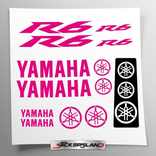 Aufkleber-Set kompatibel mit Tank und Motorradhelm, Basis aus transparentem Vinyl, einfache Anbringung, UV-Druck, Schriftzug Logos, Stickersland® – R6 von 2006 bis 2015 (Fuchsia – Pink)