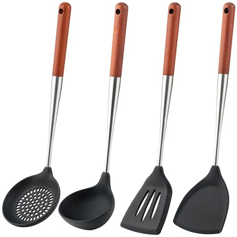 FJNATINH Pfannenwender Silikon Set, Heat Resistant Spatulas Kochlöffel Silikon,Schaumlöffel und Schlitz Spatel for Nonstick, rostfreier Stahl und Holzgriff in einem!,4 Stück