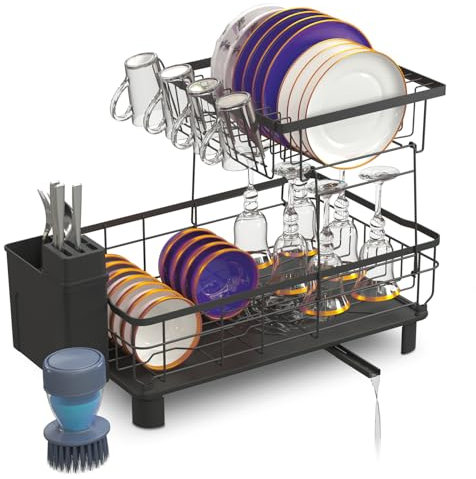 Escurridor de Platos para Fregadero - Escurreplatos de Acero con Drenaje Giratorio y Bandeja Antigoteo - Gran Capacidad, Resistente y Compacto - Incluye Cepillo Dispensador de Jabón