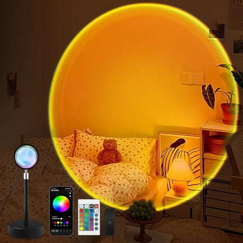Bowfar Sunset Lamp, 360 ° Drehung Sonnenuntergang Lampe mit USB und Timer, Smart Sonnenlicht Lampe LED Projektor 16 Farben Stimmungslampe für Schlafzimmer, Tiktok, Fotografie, Wohnzimmer Decor