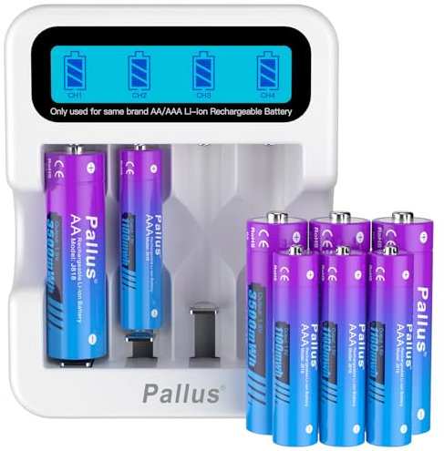 Pallus Batterie Ricaricabili AA e AAA, 4 Batterie al Litio AA da 3500 mWh e 4 Batterie al Litio AAA da 1100 mWh con Caricabatterie Rapido da 2 Ore, Fino a 1600 Cicli