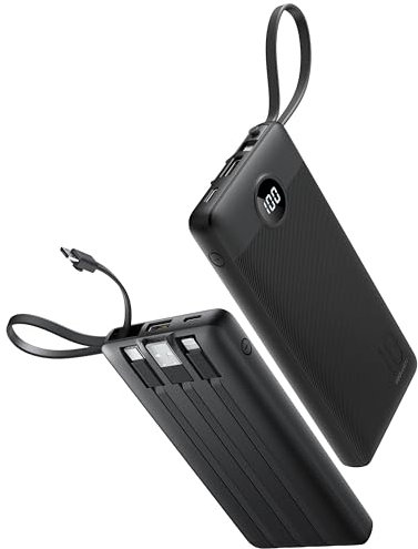 Coowisty Power Bank mit Ladekabel, 10000mAh Tragbares Ladegerät USB C, 5 Ausgänge 2 Eingänge LED Display Externe Akkupack für Handys,Kompatibel mit iPhone, Samsung, Huawei und mehr - Schwarz
