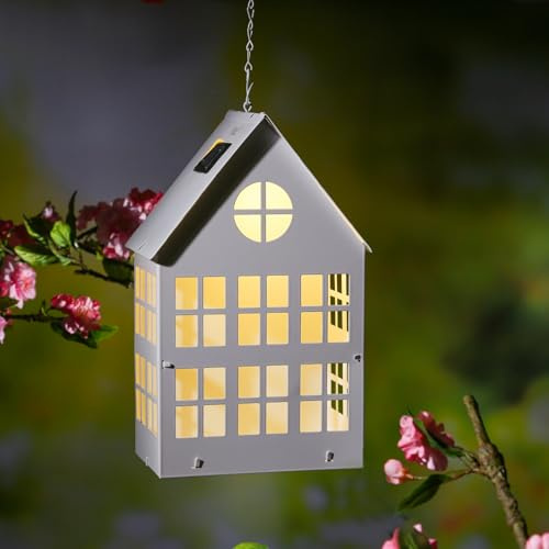 LED Solar Haus Lichterhaus DIY Deko Laterne Metall Lichtsensor für Außen (28cm)