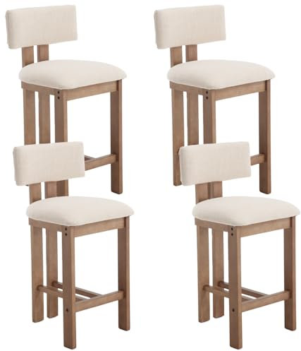 chairus Tabourets de Bar Vintage en Bois Lot de 4 Chaise de Bar en Lin, Pied en Bois Massif, Chaise Haute Bar pour Comptoir, Beige