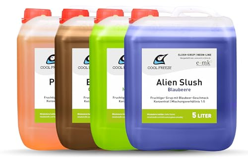 Slush-Eis-Sirup 4×5 L Set – Cola, Pfirsich, Waldmeister & Blaubeere | Konzentrat 1:5 Mix-Set | Glycerin Frei | Slushy Eis selber machen | Perfekt für Ninja Slushy Maschine | Premium Qualität