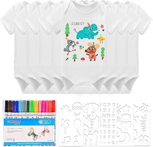 Lätzchen zum Bemalen Kurzarm Baby Body 8er Set Babyparty, Lätzchen Baby mit 8 Kurzarmbody (38 x 21 cm) 100% Bio Baumwolle Bunte Textilstift mit Schablonen für Babyparty Spiele Babyshower Strampler