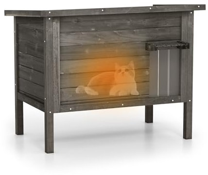 COSTWAY Cat House for Outdoor, Wooden Insulated Cats Shelter with Openable Asphalt Roof, Escape Door, Elevated Weatherproof Kitten Enclosure (Dark Grey+Black, 88 x 55 x 71cm)