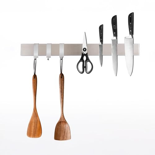 CHEFGASTRO Magnetleiste magnetische Messerleiste Messerhalter aus Stahl, 4x40x1,6cm, mit 3 silbernen Haken, Silber, extra stark magnetischer Messerstreifen, Messerblock, zum Kleben oder Schrauben