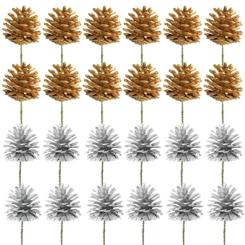 Songjum 24 Stück Natürliche Weihnachts Tannenzapfen Goldene und Silberne Tannenzapfen mit Stielen für Girlande Dekorationen Tannenzapfen zur Dekoration von Winterferien Thanksgiving Heimdekoration