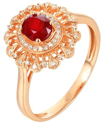 Lirzxin Damen Ring Silber 925, Trauringe für Frauen Blume mit 0.72ct Oval Labor Erstellt Rubin und 0.13ct Moissanit Ehering Verlobungsring Rosegold Größe 48 (15.3)