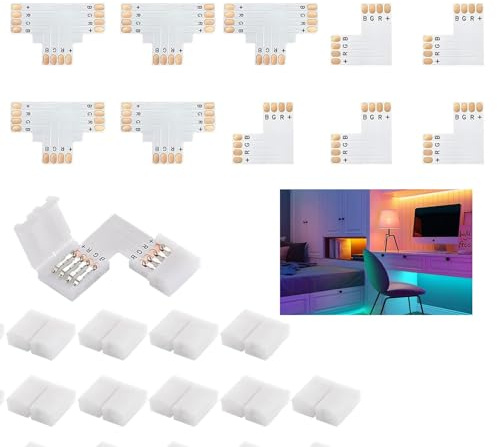 10 Pcs LED Strip Light 4-Pin Adapter Kit (10 mm) with 20 Clips – 5× T-Shape & 5× L-Shape Solderless Corner Joiners for RGB 5050/3528, for Kitchen Under-Cabinet, Gaming Desk, Display Shelves, Signage