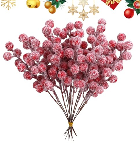 20 Stück Rote Beeren Deko WeihnachtenRot Holly Künstlicher Beerenzweig Künstlich Beere Picks Stechpalme, Rote Kunst Zweig Beeren Weihnachten Schnee Gefrostet für Hochzeit Handwerk Heimornamente