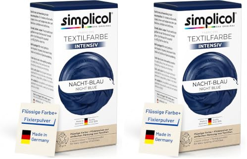 simplicol Textilfarbe intensiv Nacht-Blau | Einfaches Färben in der Waschmaschine | Flüssige Farbe & Fixierpulver | 2er Pack | 150 ml + 400 g