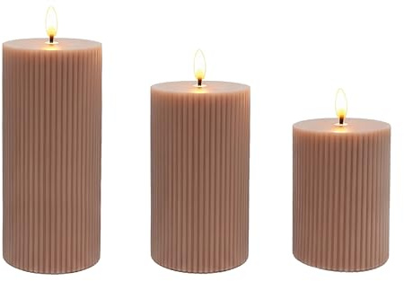 Relaxdays LED Kerzen, 3er Set, 3 Größen, flackernde Flamme, Echtwachs, mit Rillen, flammenlose Elektrokerzen, Farbwahl | Echtwachs, mit Rillen, flammenlose Elektrokerzen