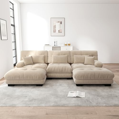 HAUSPROFI Modulares Sofa aus Chenille | Cloud Couch mit Ottomane Lenden- & Dekokissen | Tiefsitz, breite Armlehnen & ohne Montage | für Wohnzimmer, Apartment, Studio, Büro (Beige, 3-Sitzer + 2-Otto)