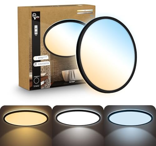 B.K.Licht - LED Deckenlampe, Flach, Dimmbar, Indirektes Licht, CCT warmweiß bis tageslichtweiß, IP44, Panel, Deckenleuchte, Kinderzimmer, Wohnzimmerlampe, Badezimmer Lampe, 42x3 cm, Schwarz